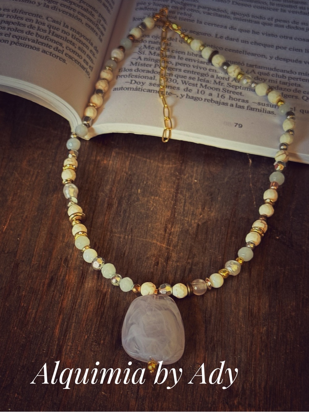 Alquimia Cream and Gold Bead Necklace with Pale White Pendant